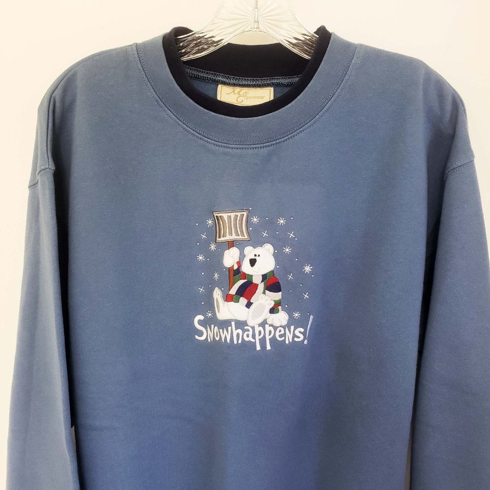 MC Sportswear Women's Slate Blue Embroidered Christmas Snow Happens Sweat Shirt - Picture 2 of 11